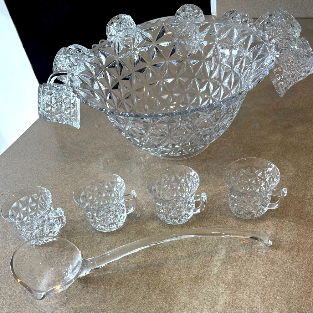 Beautiful Vintage Cut Glass Punch Bowl Set